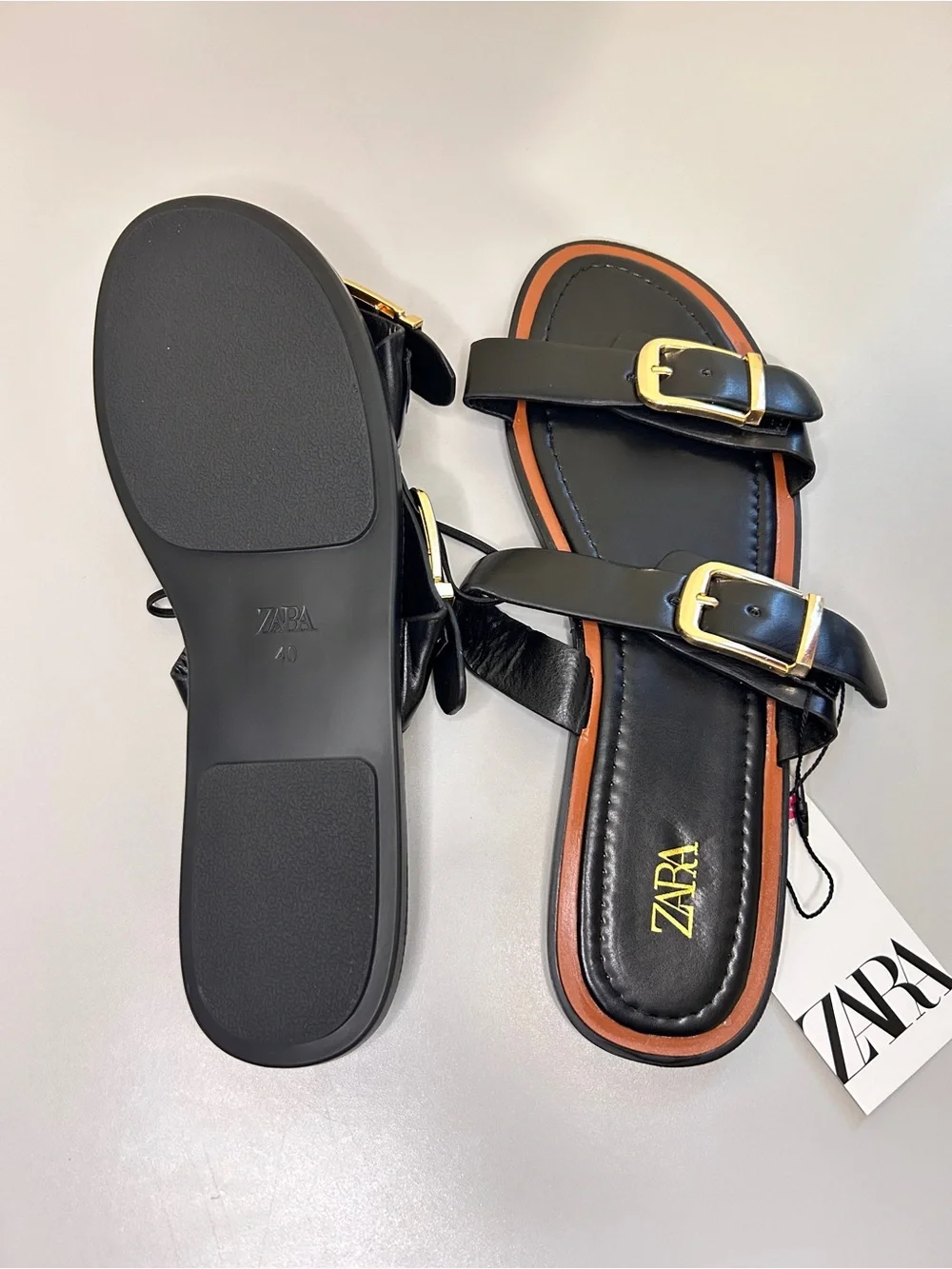 Zara Black Leather Sandals with Gold Buckles - Picture 2 of 2